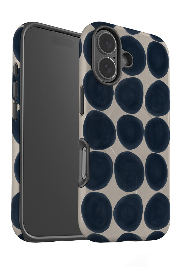 pebbles MagSafe phone case angle detail with large, uniform hand drawn polka dots in blue