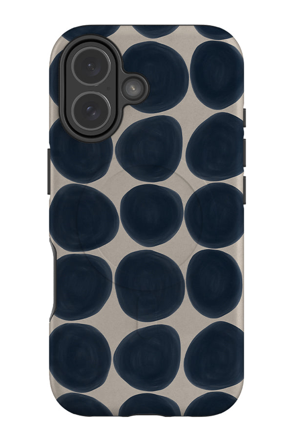 pebbles MagSafe phone case with large, uniform hand drawn polka dots in blue