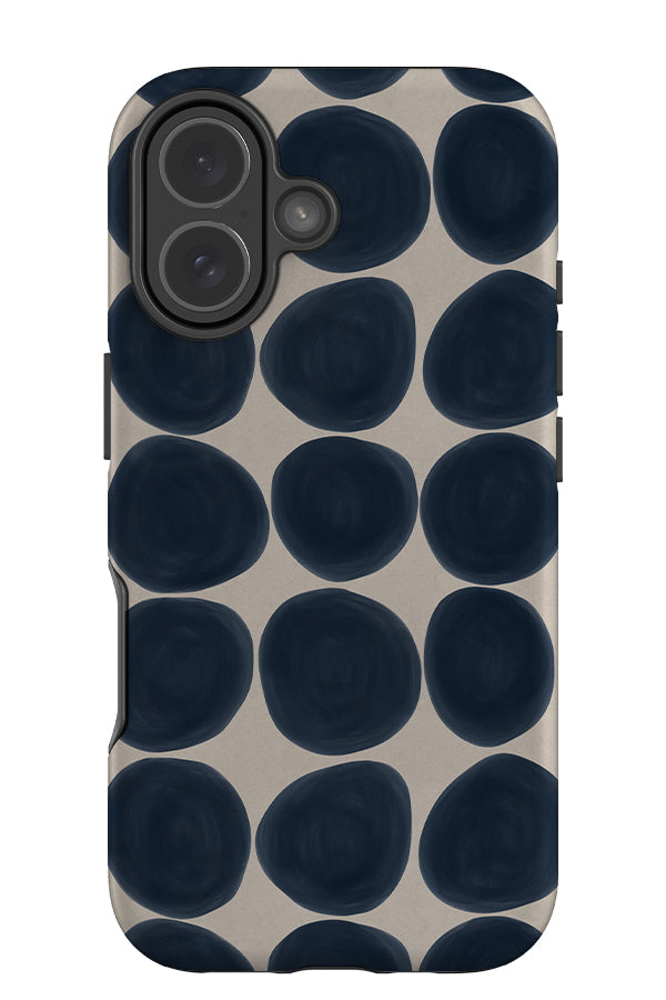 pebbles tough phone case with large, uniform hand drawn polka dots in blue