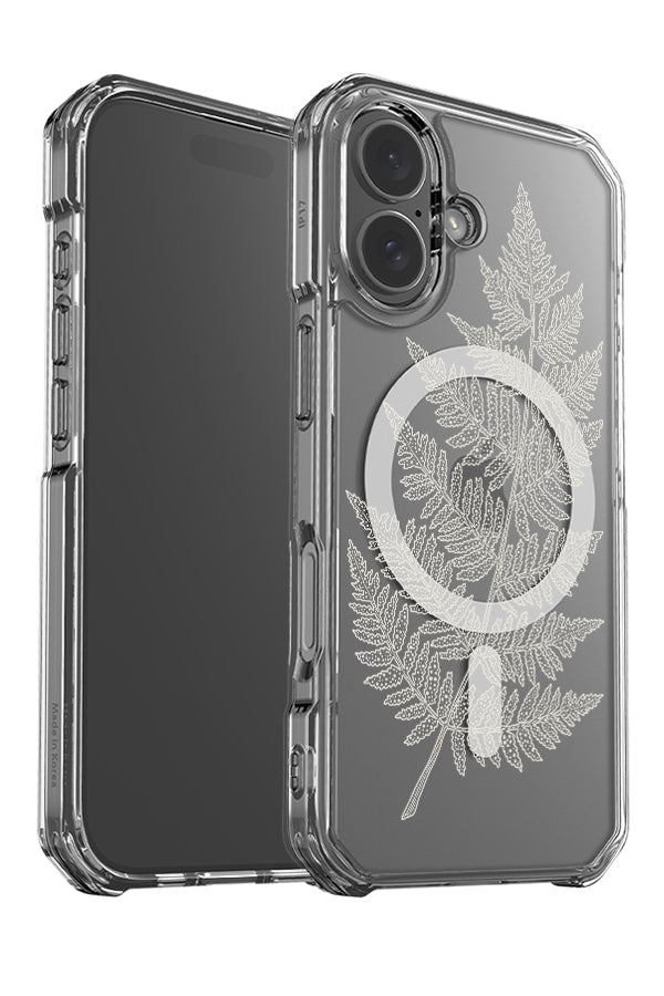 placement fern clear impact MagSafe phone case angle detail with a line art fern leaf drawing in beige