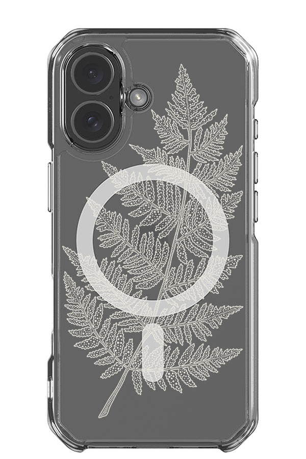 placement fern clear impact MagSafe phone case with a line art fern leaf drawing in beige
