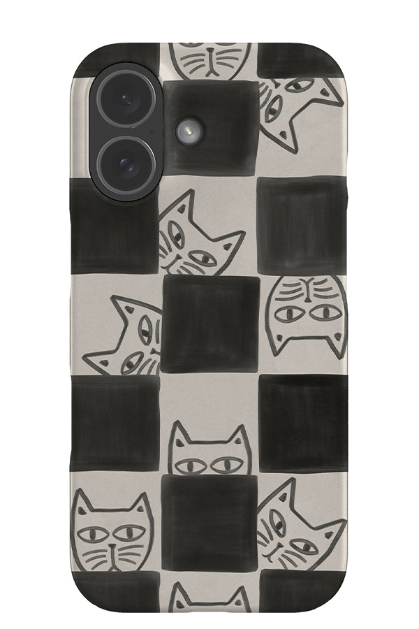 playful cats check snap phone case with a grey and beige check pattern with cute cat illustrations