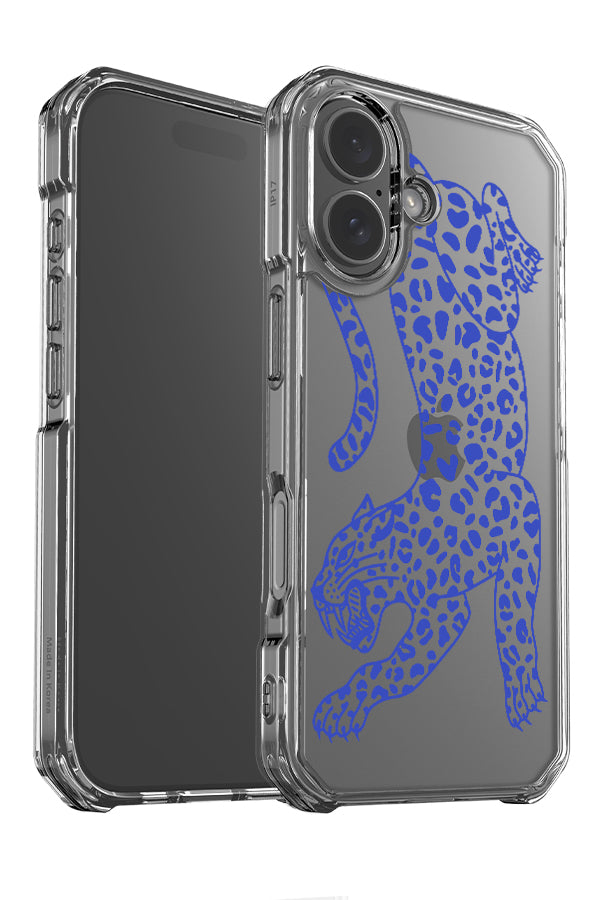 Pouncing leopard placement clear impact angle detail phone case with a large blue line art leopard design