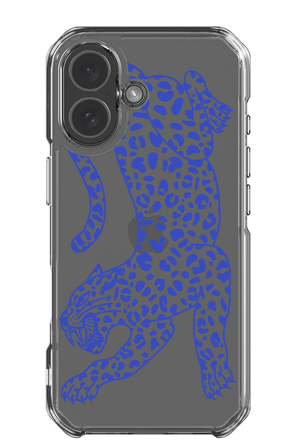 Pouncing leopard placement clear impact phone case with a large blue line art leopard design