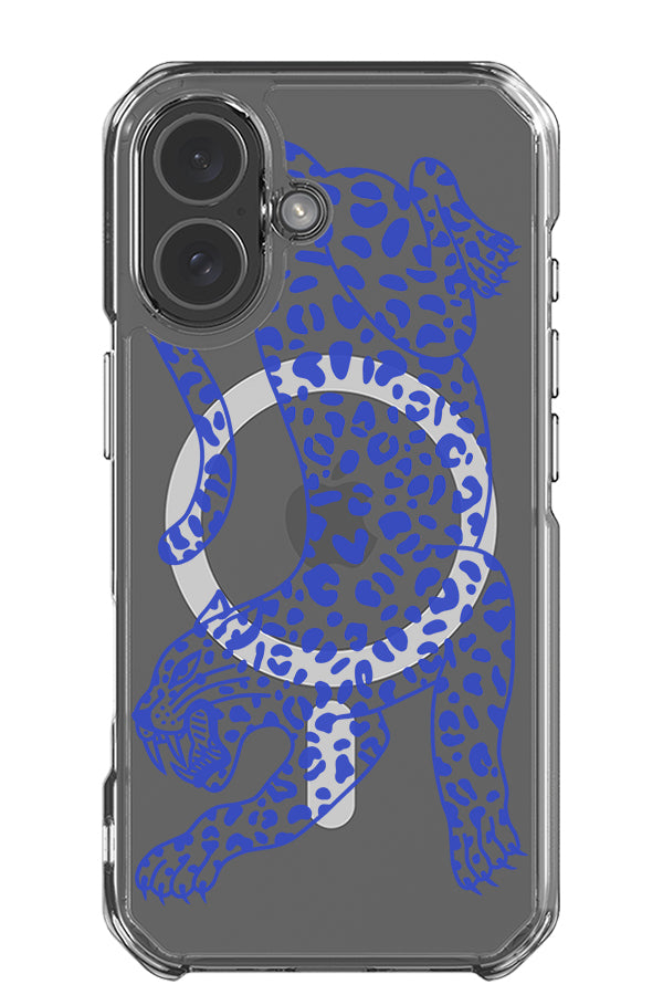 Pouncing leopard placement MagSafe clear impact phone case with a blue line art leopard illustration