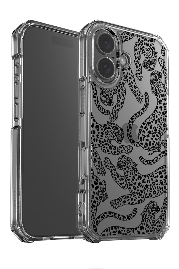 Pouncing leopard scatter clear impact phone case angle detail with black line art leopards