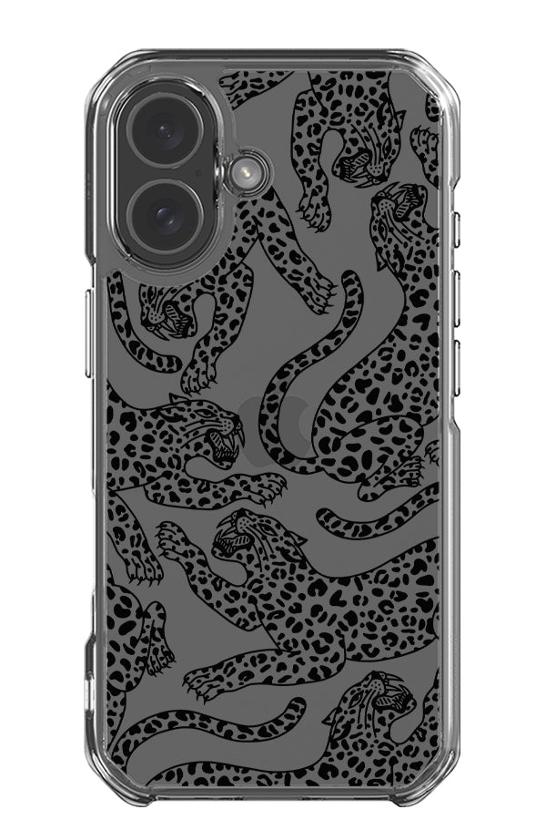 Pouncing leopard scatter clear impact phone case with black line art leopards
