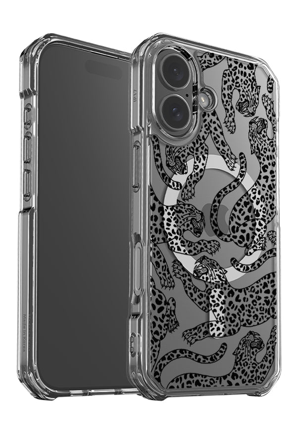 Pouncing leopard scatter clear impact MagSafe phone case angle detail with black line art leopards