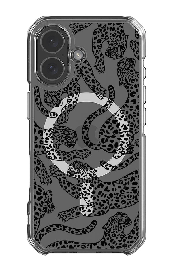 Pouncing leopard scatter clear impact MagSafe phone case with black line art leopards