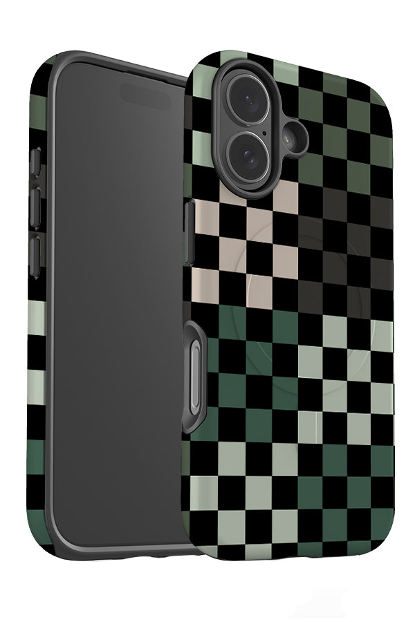 quiet check magsafe phone case angle detail with black and green tonal checks