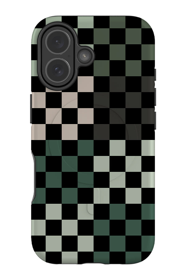 quiet check magsafe phone case with black and green tonal checks