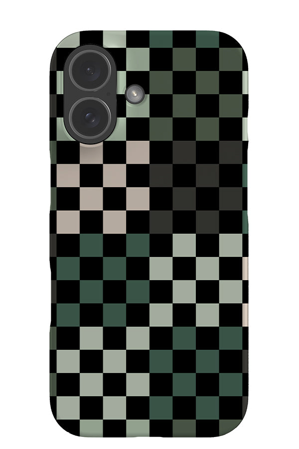 Quiet Check snap phone case with a check pattern in grey and various shades of green