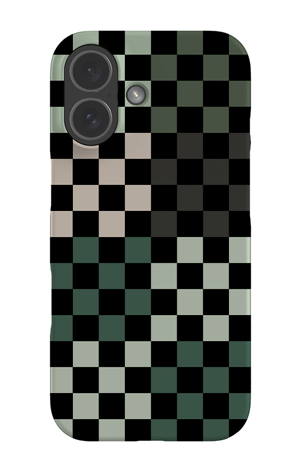quiet check snap phone case with black and tonal green checks