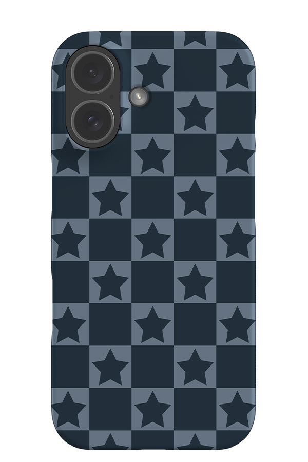 quiet check star snap phone case with dark blue and light blue checks and blue stars