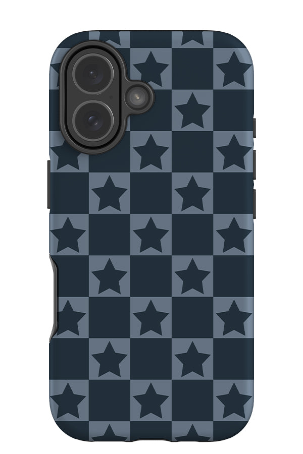 quiet check star tough phone case with dark blue and light blue checks and blue stars