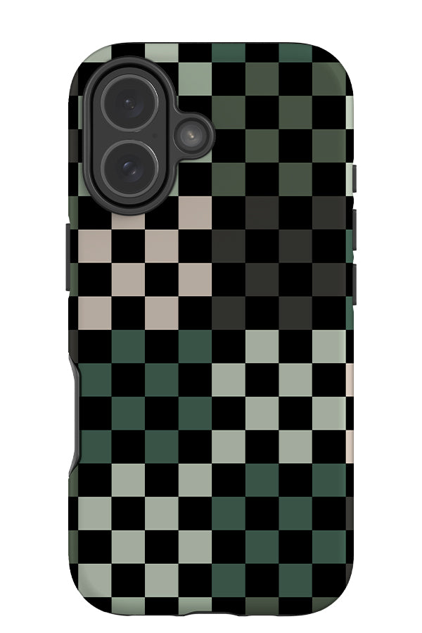 Quiet Check tough phone case with a check pattern in grey and various shades of green