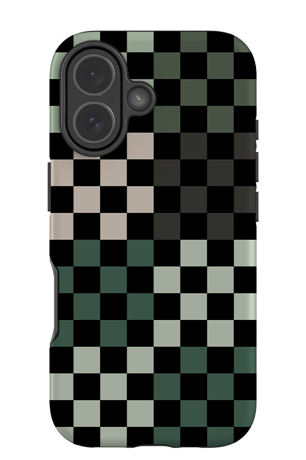 quiet check tough phone case with black and tonal green checks