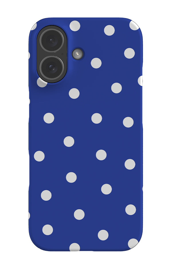 quiet dots snap phone case with a blue base colour and white hand drawn polka dots