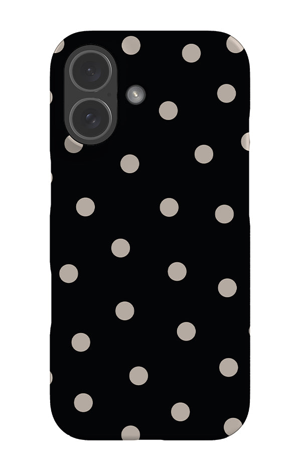 quiet dots snap phone case with a black base colour and white hand drawn polka dots
