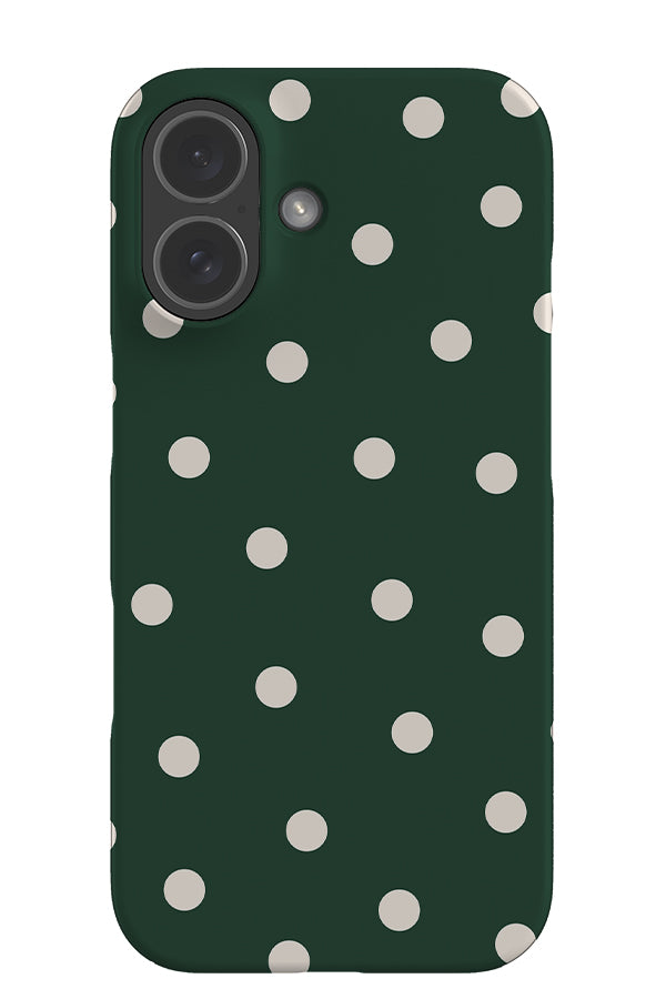 quiet dots snap phone case with a green base colour and white hand drawn polka dots