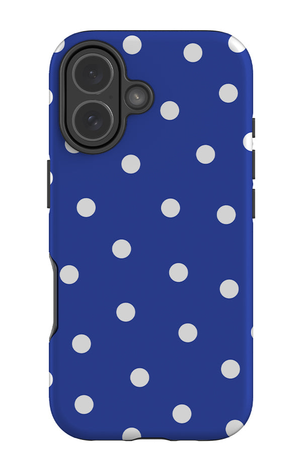 quiet dots tough phone case with a blue base colour and white hand drawn polka dots