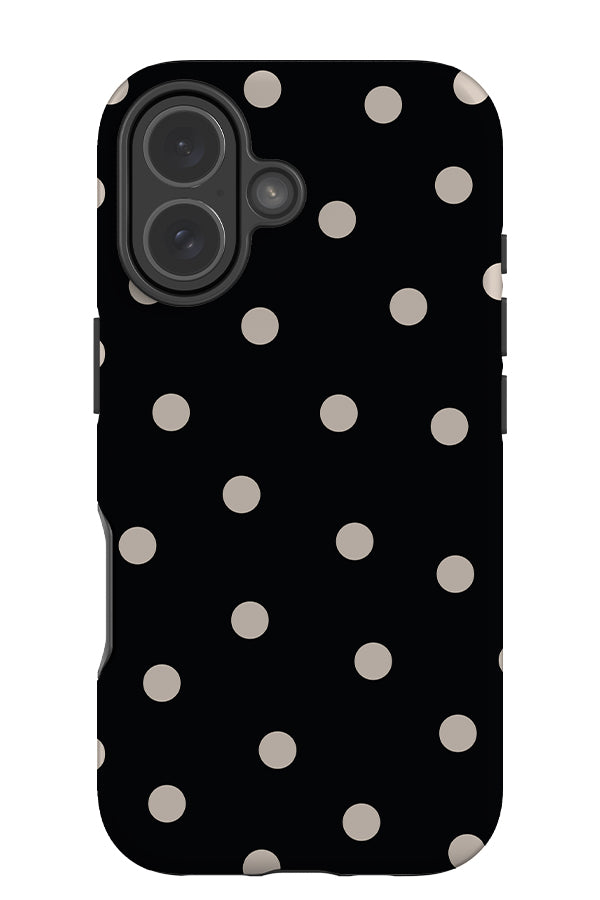quiet dots tough phone case with a black base colour and white hand drawn polka dots