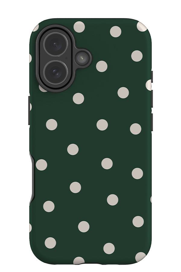 quiet dots tough phone case with a green base colour and white hand drawn polka dots