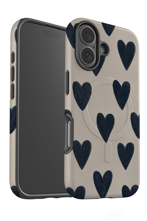 Quiet heart MagSafe phone case angle detail with a beige background and blue hand painted hearts
