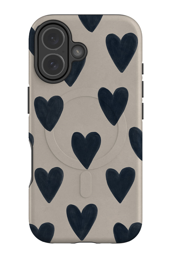 Quiet heart MagSafe phone case with a beige background and blue hand painted hearts