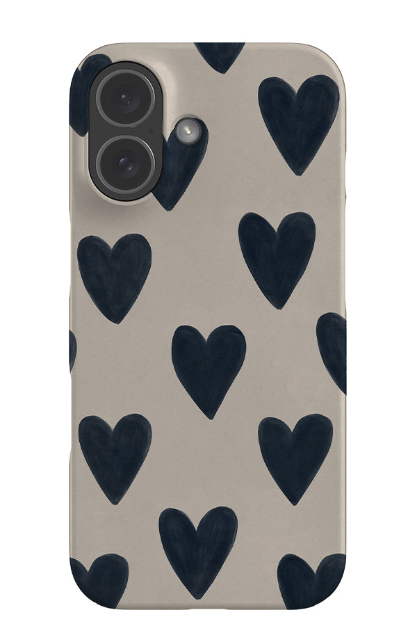 Quiet heart snap phone case with a beige background and blue hand painted hearts