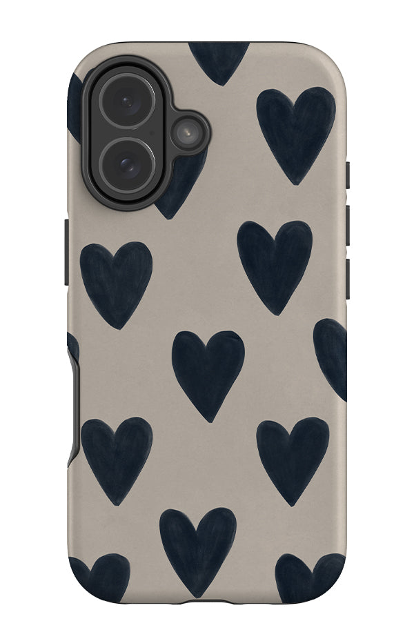 Quiet heart tough phone case with a beige background and blue hand painted hearts