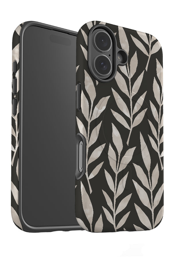 Quiet leaf MagSafe phone case angle detail with watercolour textured plants in black