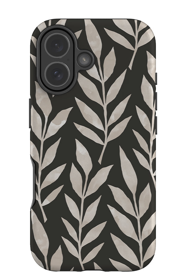 Quiet leaf tough phone case with watercolour textured plants in black