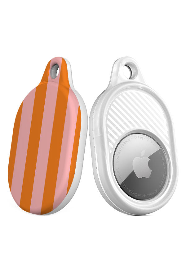 quiet line stripe AirTag case angle view with orange and pink vertical stripes