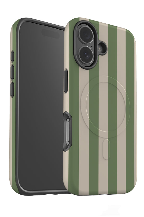 Quiet line stripe MagSafe phone case angle detail with a linear green and beige pattern