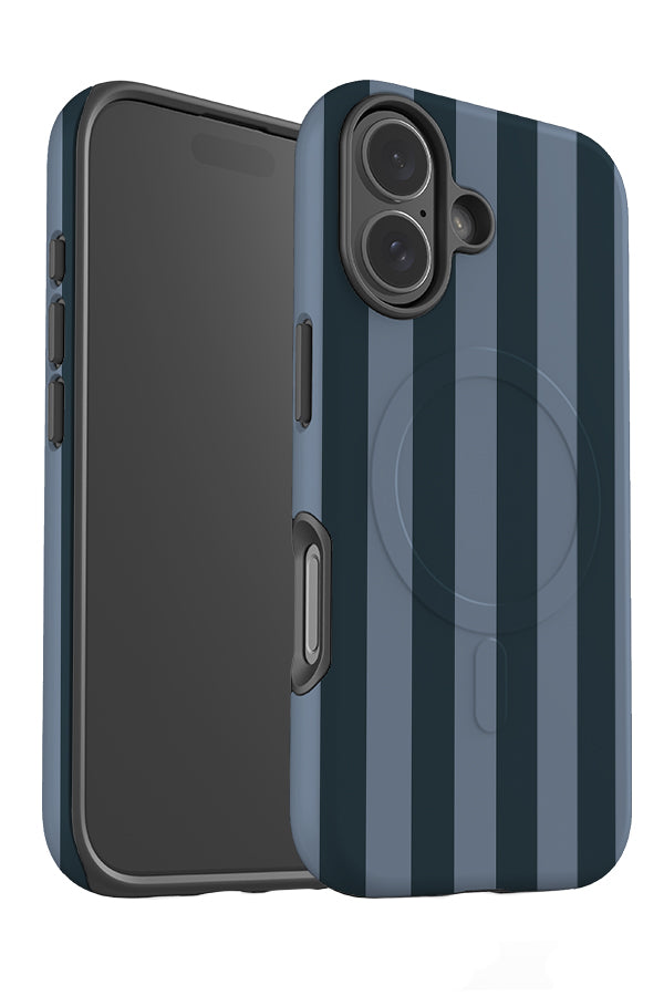 Quiet line stripe MagSafe phone case angle detail with a linear tonal blue pattern