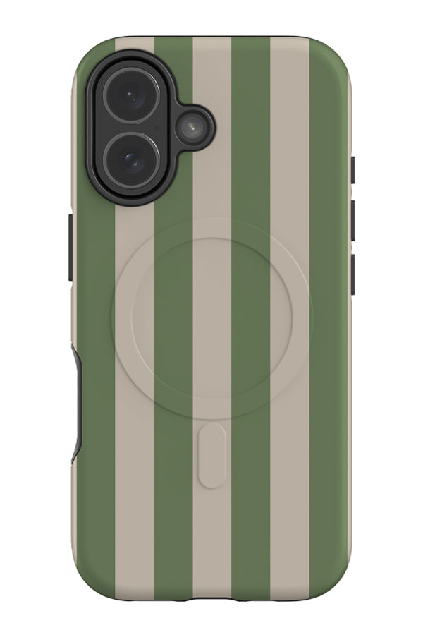Quiet line stripe MagSafe phone case with a linear green and beige pattern