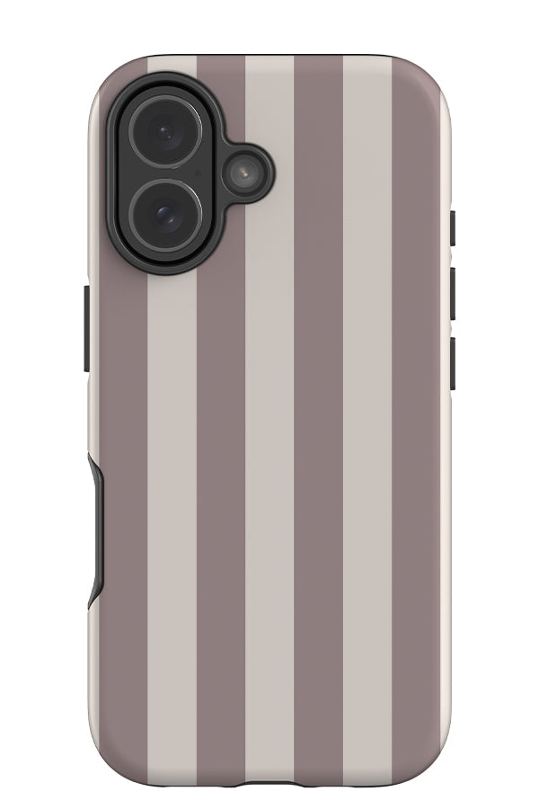 Quiet Line stripe tough phone case with a white and dark mauve linear pattern