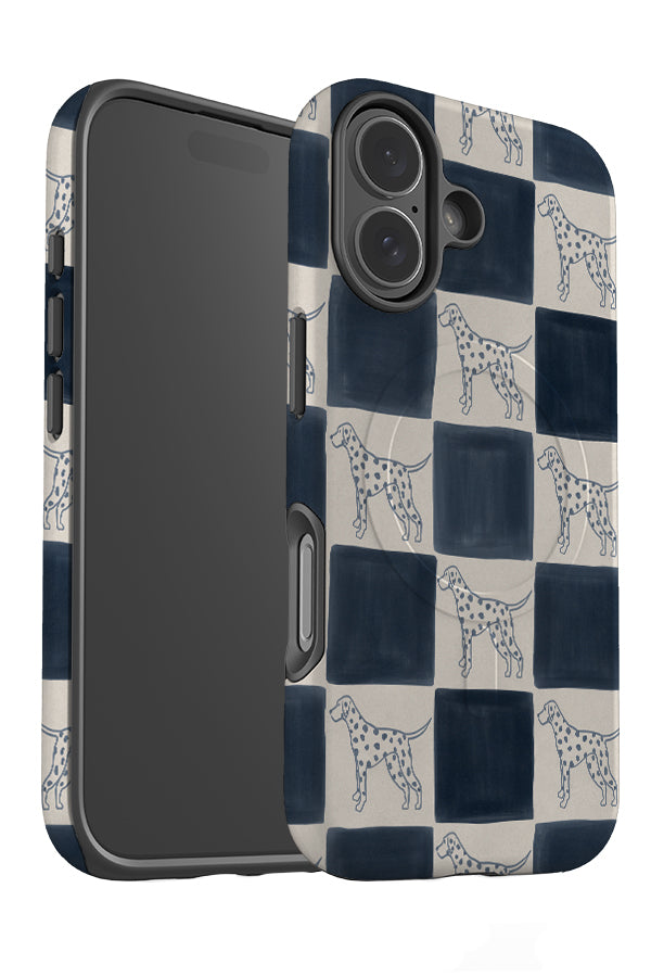 quiet marker dalmatian check MagSafe phone case angled with a blue and beige checkered pattern and dalmatian dog illustrations
