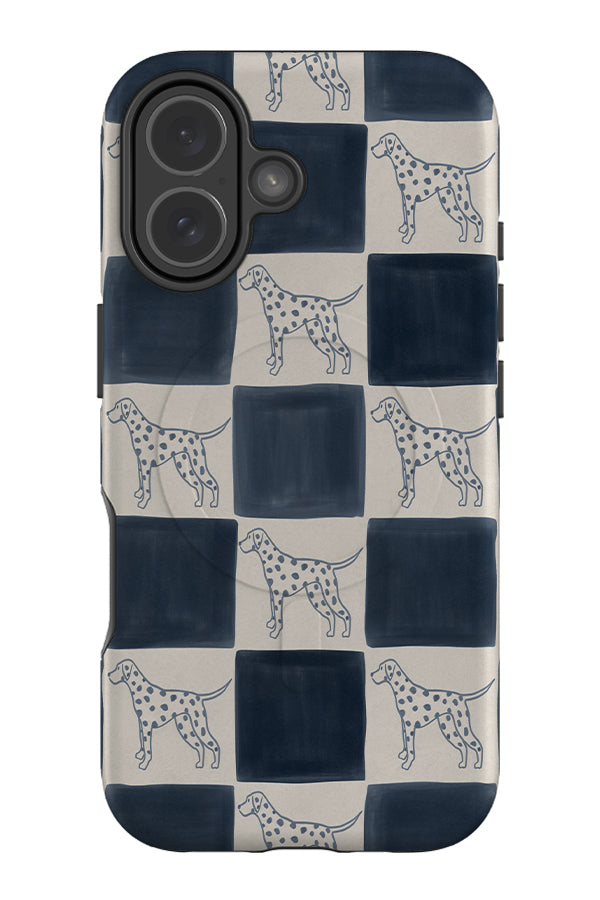 quiet marker dalmatian check MagSafe phone case with a blue and beige checkered pattern and dalmatian dog illustrations