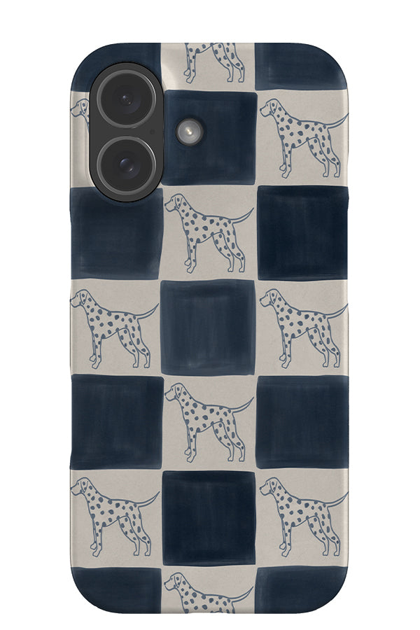 quiet marker dalmatian check snap phone case with a blue and beige checkered pattern and dalmatian dog illustrations