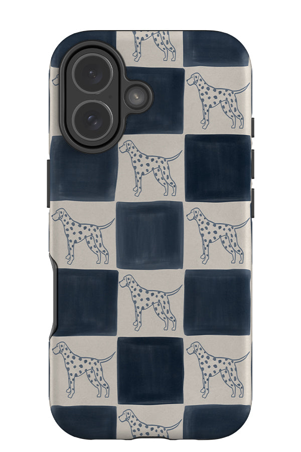 quiet marker dalmatian check tough phone case with a blue and beige checkered pattern and dalmatian dog illustrations