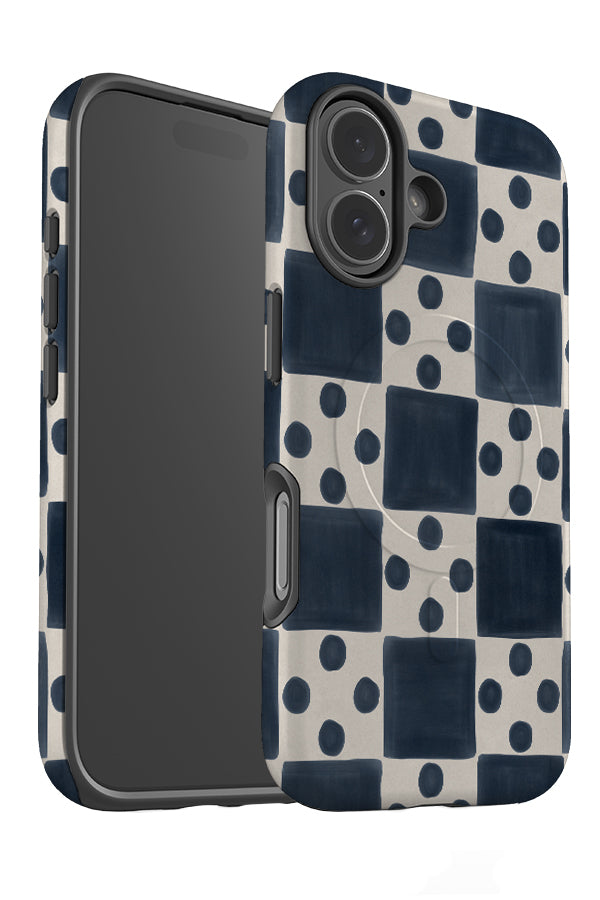 quiet marker dot check MagSafe phone case angle with a blue check pattern and uniform polka dots 