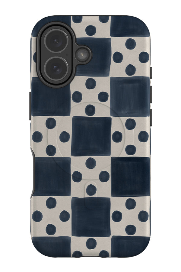 quiet marker dot check MagSafe phone case with a blue check pattern and uniform polka dots 