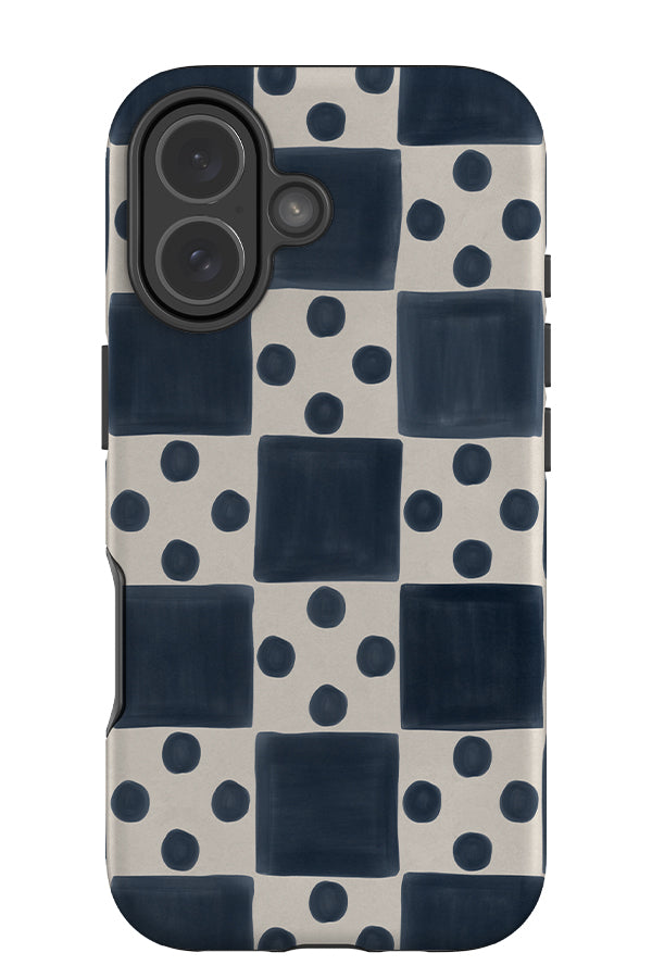 quiet marker dot check tough phone case with a blue check pattern and uniform polka dots 