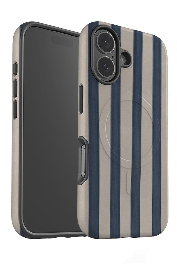 quiet marker line MagSafe phone case angled with a hand drawn blue and beige linear pattern