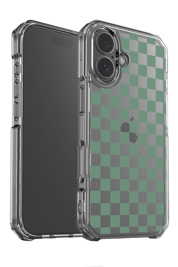Quiet micro check clear impact phone case angle detail with transparent and green squares