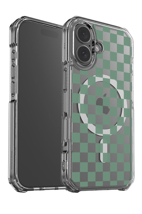 Quiet micro check clear impact  MagSafe phone case angle detail with transparent and green squares