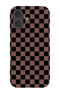 quiet micro check snap phone case with checkered pattern in black and dark peach pink