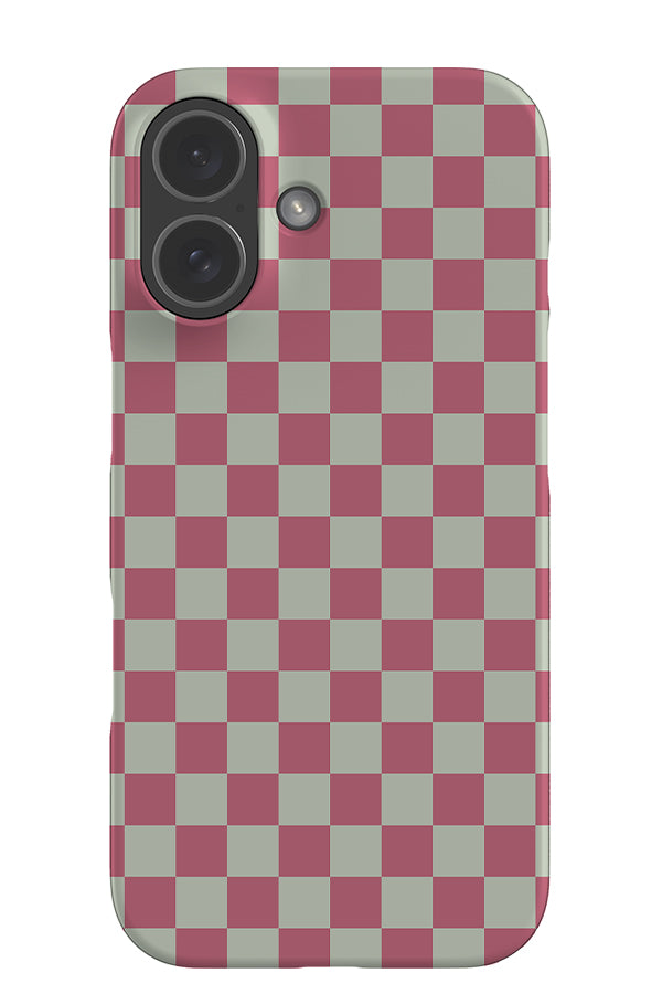 quiet micro check snap phone case with checkered pattern in pale sage and berry pink